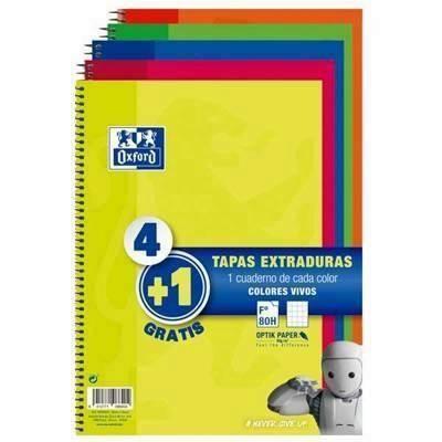 Pack 4+1 Bloc espiral Oxford 100430275 folio 80H. Tapa Extradura cuadros 4X4
