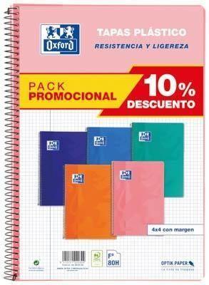 Pack 5 Bloc espiral Oxford 400091366 Folio Tapa Plastico colores tendencia 80H cuadros 4X4