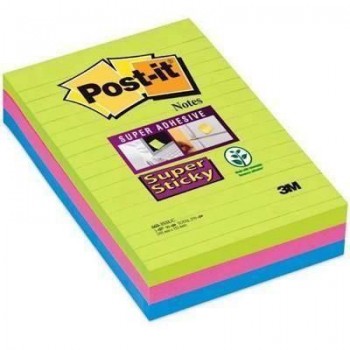 Paq.3 blocs notas adhesivas Post-it Super Sticky Ultra con líneas 101x152mm colores surtidos