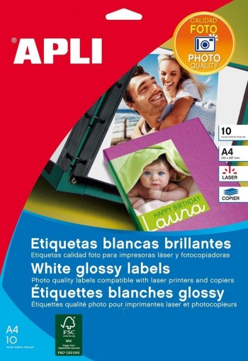 Etiquetas fotográficas Apli 10065 GLOSSY laser 199,6x289,1mm 10 hojas