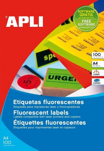 Etiquetas fluorescentes imprimibles Apli 11748 laser naranja permanentes 210x297mm 100 hojas