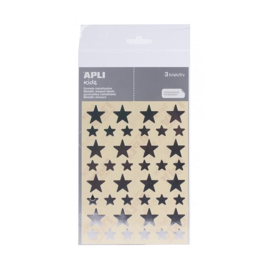 Gomets Apli 11806 estrellas metalizado plata 12,5mm y 19,5mm 3 hojas 120 unidades
