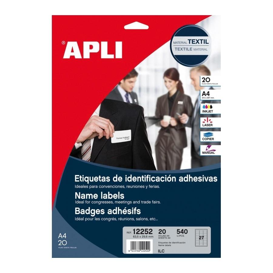 Etiquetas textil imprimibles Apli 12252 identificación 63,5x29,6mm 20 hojas 540 unidades
