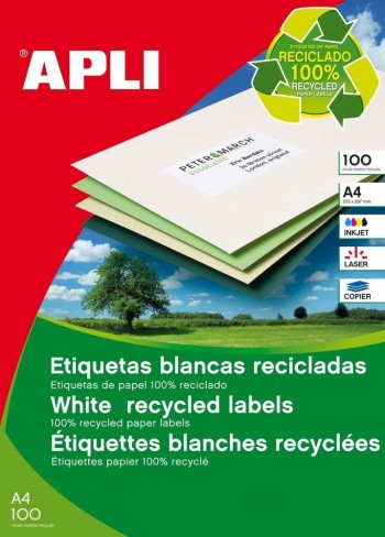 Etiquetas recicladas imprimibles Apli 12070 blancas 210x297mm 100 hojas
