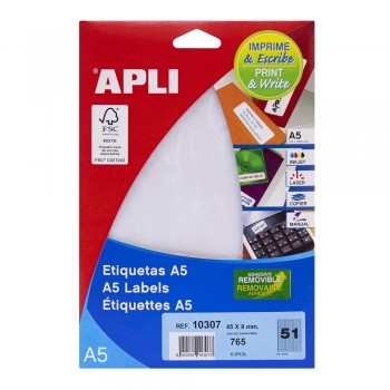Etiquetas joyería imprimibles A5 Apli 10307 blancas removibles 45x8mm 15 hojas 765 etiquetas