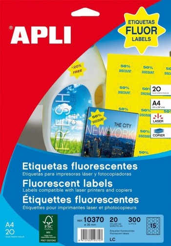 Etiquetas fluorescentes imprimibles Apli 10370 laser estrellas amarillas 35mm 20 hojas 300 hojas