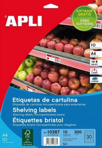 Etiquetas estantería  Apli 10387 cartulina blanca sin adhesivo 67x25,4mm 10 hojas 300 unidades