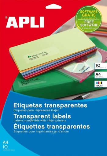 Etiquetas larga duración Apli 10967 inkjet poliéster transparente 63,5x38,1mm 10 hojas 210 unidades