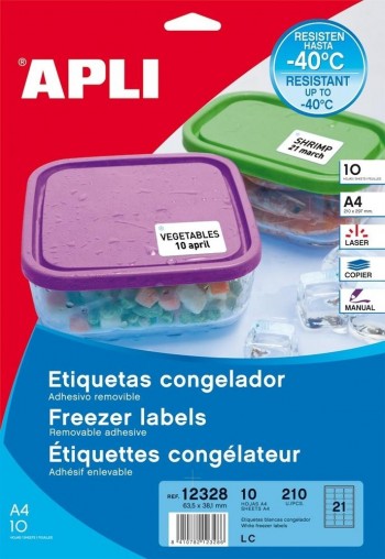 Etiquetas congelador Apli 12328 laser blancas removibles 63,5x38,1mm 10 hojas 210 unidades