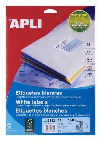 Etiquetas imprimibles Apli 13882 blancas permanentes 30mm. 25 hojas 1680 unidades