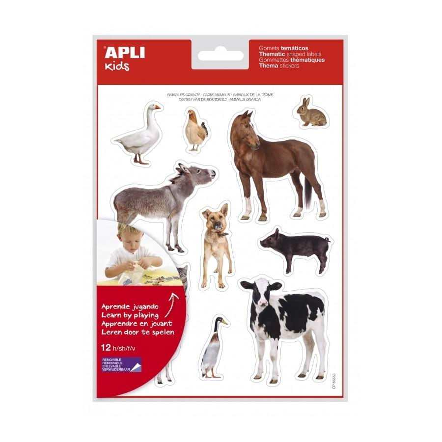 Gomets temáticos Apli 16620 animales granja removible 12 hojas 144 unidades