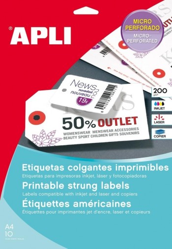 Etiquetas colgantes imprimibles Apli 10149 blancas microperforadas 22x35mm 200g 10 hojas 100 unidades