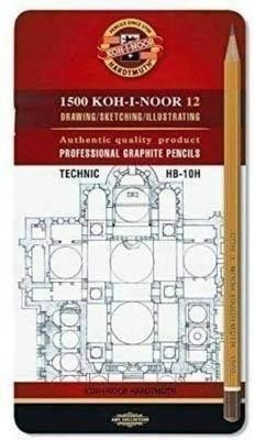 Koh-I-Noor Lapices Grafito Caja Metal C/12 Durezas Surtidas HB-10H Ref. 15021