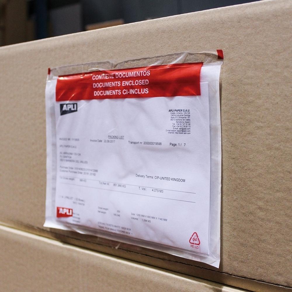 Caja de100 sobres adhesivos portadocumentos Apli texto impreso