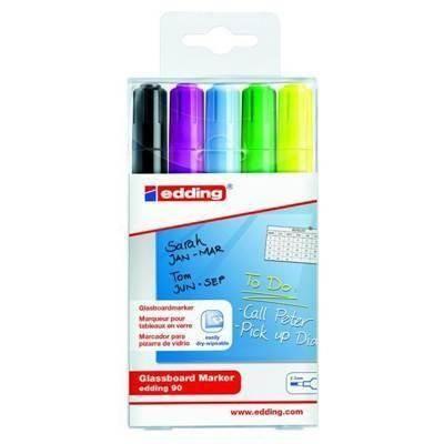 Paq.5 marcadores pizarras cristal edding 90 punta redonda negro violeta azul claro verde claro y amarillo