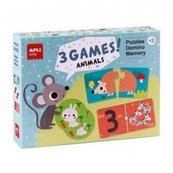 Juego Apli 18798 Set de 3 juegos Animales: 1 Puzle de 24 piezas, 1 Dominó de 36 piezas y 1 Memory de 24 piezas.
