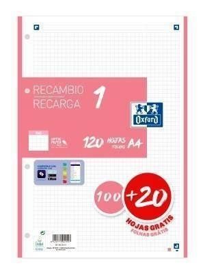 Recambio Oxford 400158161 A4 100+20H 90G 4taladros cuadros 5X5 rosa chicle