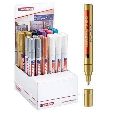 Expositor con 24 Edding 750. Colores metálicos surtidos; tambien incluyen colores blanco y negro. Tinta opaba brillante