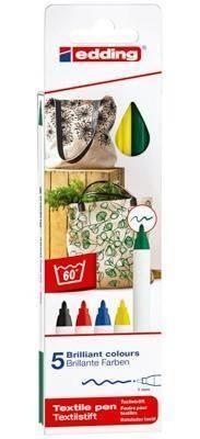Estuche con 5 rotuladores para tela Edding 4600. Punta redonda 1mm. Colores surtidos básicos