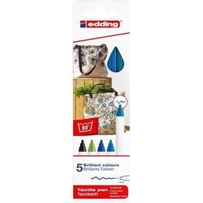 Estuche con 5 rotuladores para tela Edding 4600. Punta redonda 1mm. Colores surtidos fríos