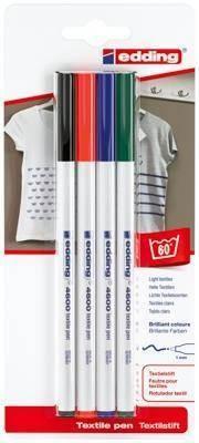 Estuche con 4 rotuladores para tela Edding 4600. Punta redonda 1mm. Colores surtidos básicos