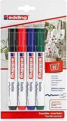 Estuche con 4 marcadores para tela Edding 4500. Punta redonda 2-3mm. Colores surtidos básicos