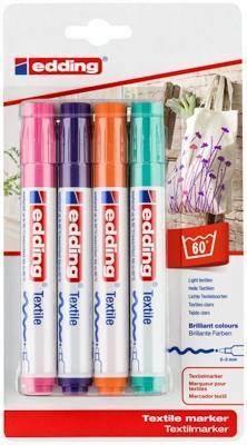 Estuche con 4 marcadores para tela Edding 4500. Punta redonda 2-3mm. Colores surtidos divertidos