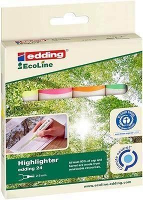 Estuche con 4 marcadores fluorescentes Edding Ecoline 24. Punta biselada 2-5mm. Colores surtidos