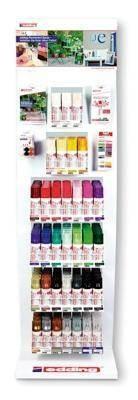 Expositor de suelo con 210 botes de Edding Permanentre Spray, 10 juegos con 6 cabezales pulverizantes y 6 blísters con 3 marcado