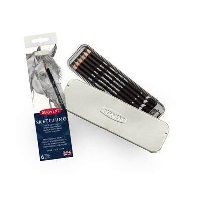 Caja metálica 6 lápices Derwent grafito para sketching -  3 grados (HB, 2B y 4B), incluye sacapuntas 700836