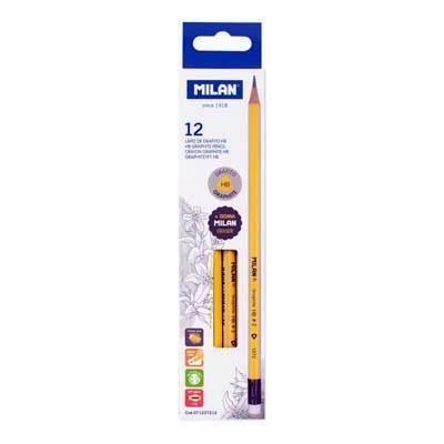 Cajita 12 lápices de grafito HB color amarillo y con goma Milan 71237212