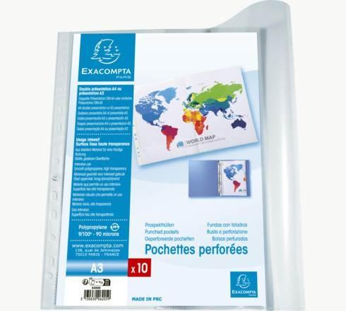 Funda Exacompta DIN-A3 incoloro 11 taladros 90 micras bolsa 10 unidades natural 6205E
