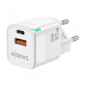 Cargador GaN AISENS ASCH-30W2P004-W   30W con USB-C PD3.0 y USB-A QC3.0 (Blanco)