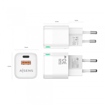 Cargador GaN AISENS ASCH-30W2P004-W   30W con USB-C PD3.0 y USB-A QC3.0 (Blanco)