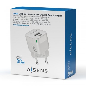 Cargador GaN AISENS ASCH-30W2P004-W   30W con USB-C PD3.0 y USB-A QC3.0 (Blanco)