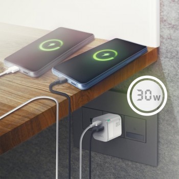 Cargador GaN AISENS ASCH-30W2P004-W   30W con USB-C PD3.0 y USB-A QC3.0 (Blanco)