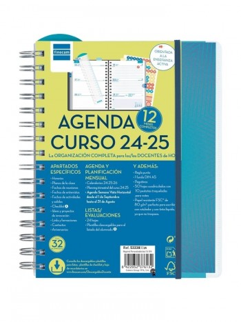 Agenda escolar 2024-2025 Finocam 4º semana vista Magistral personalizable azul 533380025