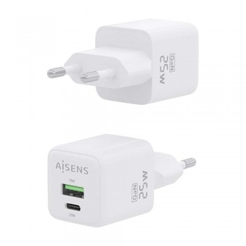 Cargador GaN AISENS ASCH-25W2P014-W   25W con USB-C PD3.0/QC4.0 + USB-A QC3.0 (Blanco)