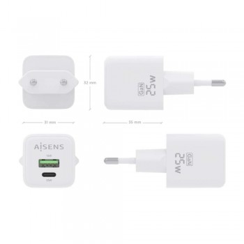Cargador GaN AISENS ASCH-25W2P014-W   25W con USB-C PD3.0/QC4.0 + USB-A QC3.0 (Blanco)