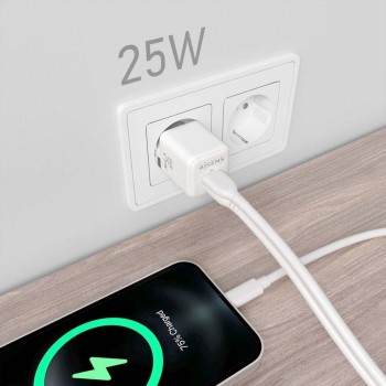 Cargador GaN AISENS ASCH-25W2P014-W   25W con USB-C PD3.0/QC4.0 + USB-A QC3.0 (Blanco)