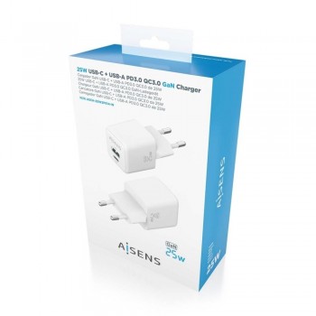 Cargador GaN AISENS ASCH-25W2P014-W   25W con USB-C PD3.0/QC4.0 + USB-A QC3.0 (Blanco)