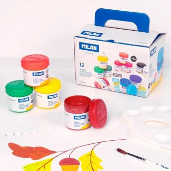 Caja 12 tarros 40 ml pintura témpera colores surtidos con pincel 03C212 Milan