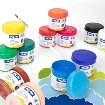 Caja 12 tarros 40 ml pintura témpera colores surtidos con pincel 03C212 Milan