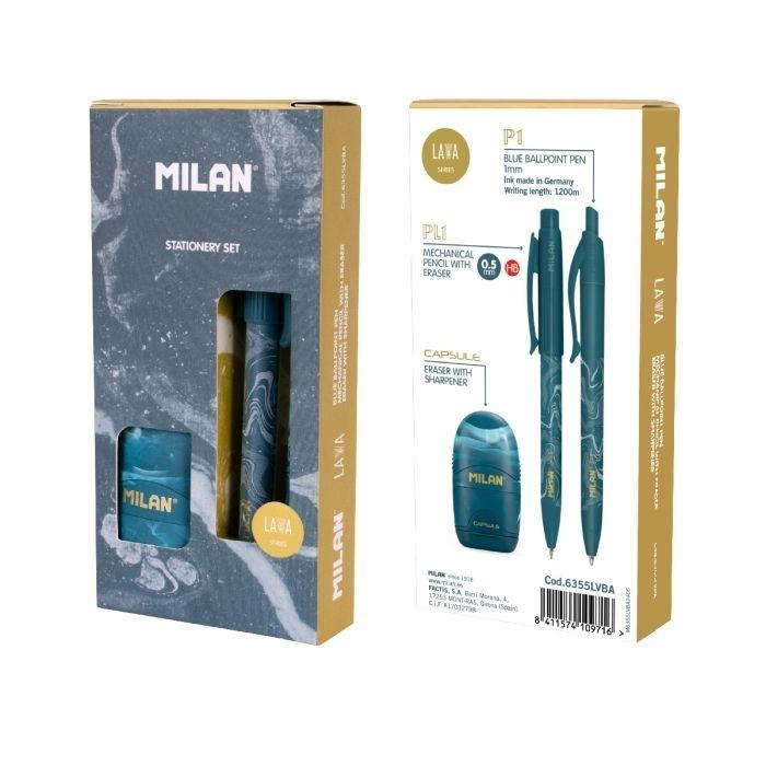Set de escritula Milan Portaminas 0.5 + Boligrafo + Afilaborras Lava Azul 6355LVBA
