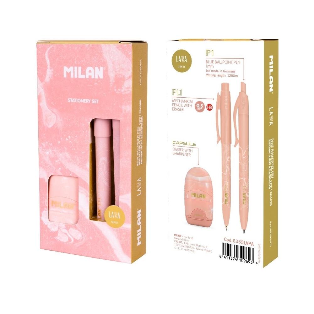 Set de escritula Milan Portaminas 0.5 + Boligrafo + Afilaborras Lava Rosa 6355LVPA
