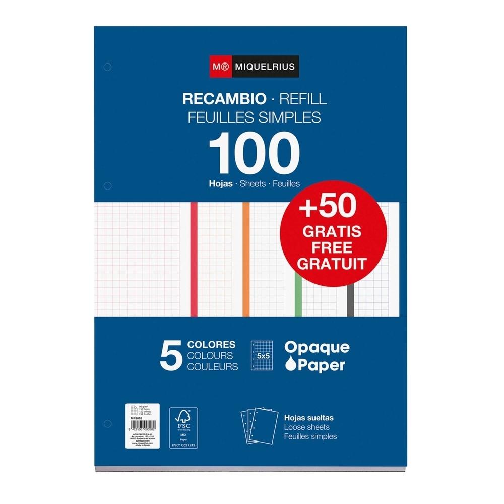 Recambio Miquelrius MR9028 A4 100+50H 90G 4Taladros cuadros 5X5 5 colores surtidos intensos