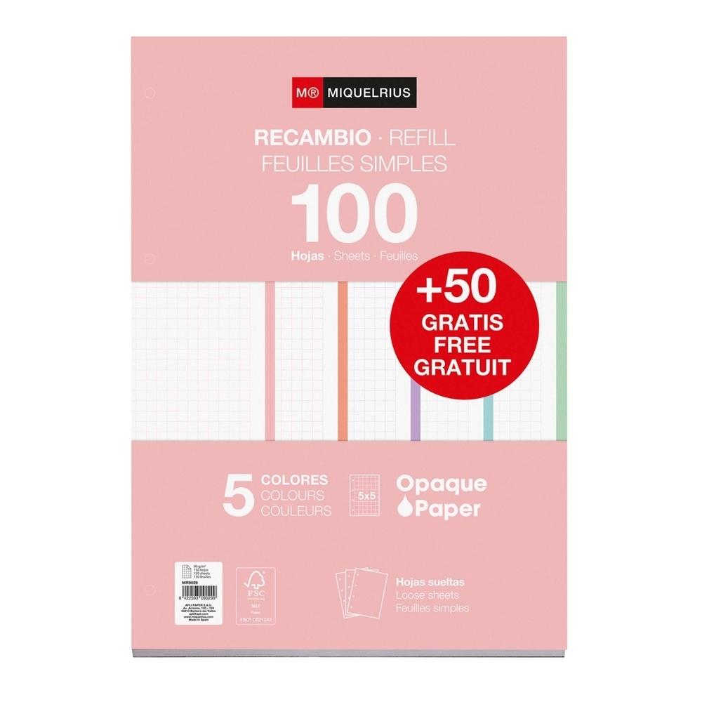 Recambio Miquelrius MR9029 A4 100+50H 90G 4Taladros cuadros 5X5 5 colores surtidos pastel