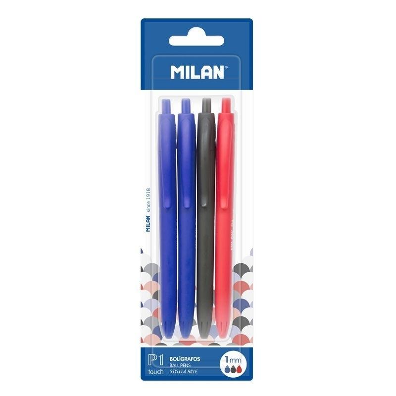 Blíster 4 bolígrafos P1 touch (2 azul, negro y rojo) Milan BWM10254