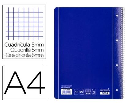 Bloc espiral microperforado 4 taladros Liderpapel 29110  A4 80 hojas 75 gramos cuadros 5x5 tapa blanda azul