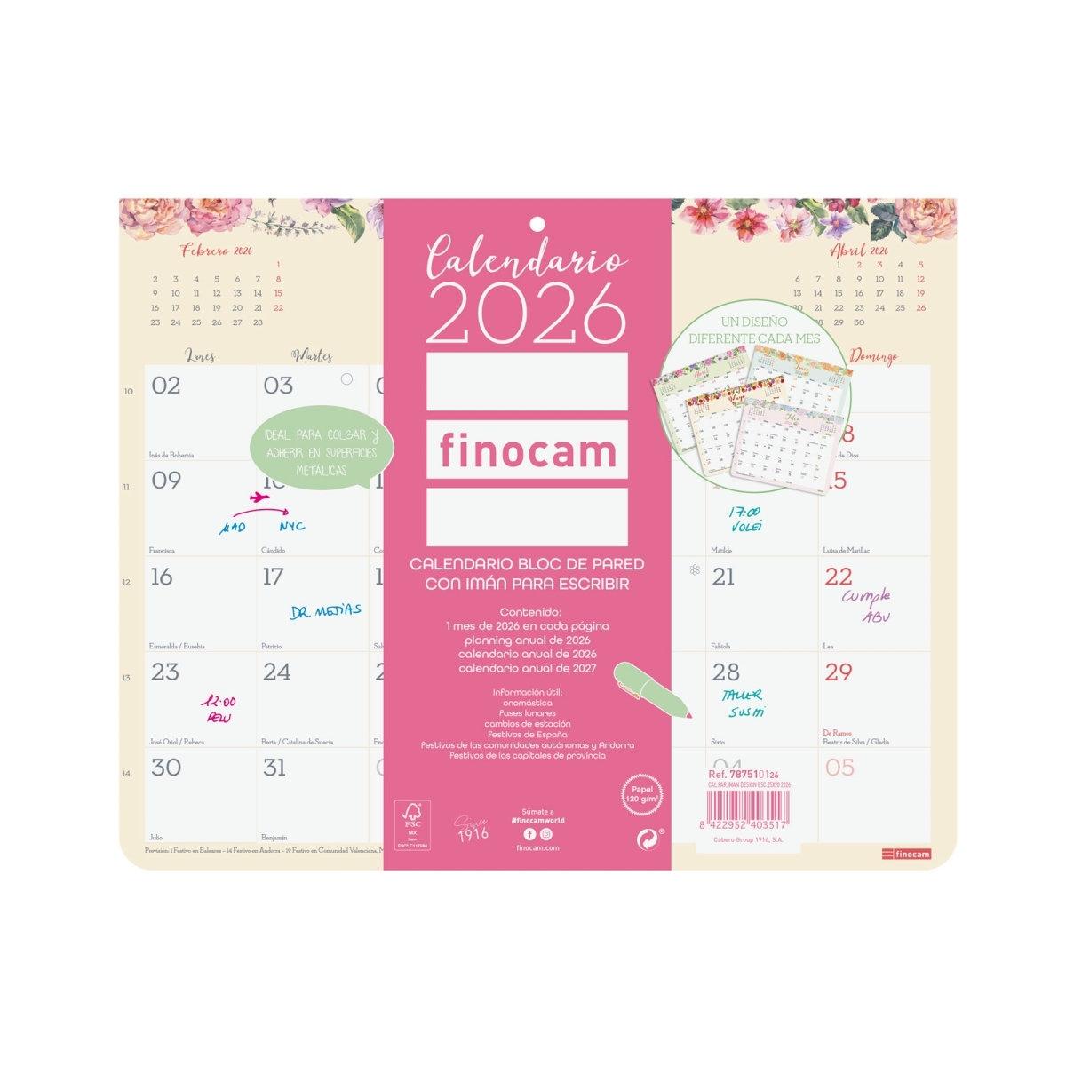 Calendario año 2026 Finocam 787510126 pared iman escribir 25x20 Design